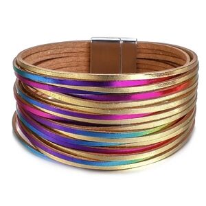 Rainbow with gold multi layered leather bracelet magnet clasp
